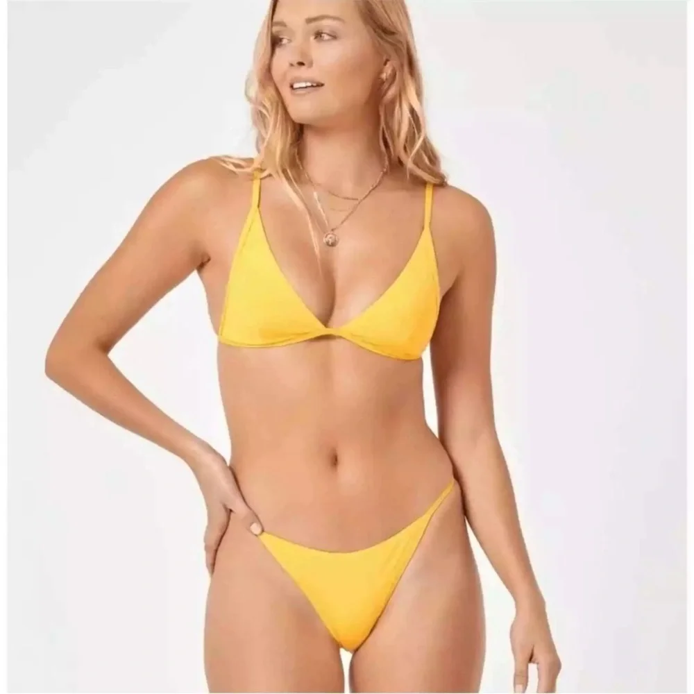 L*Space Millie Bikini top with matching bitsy cut bottoms in marigold yellow XL